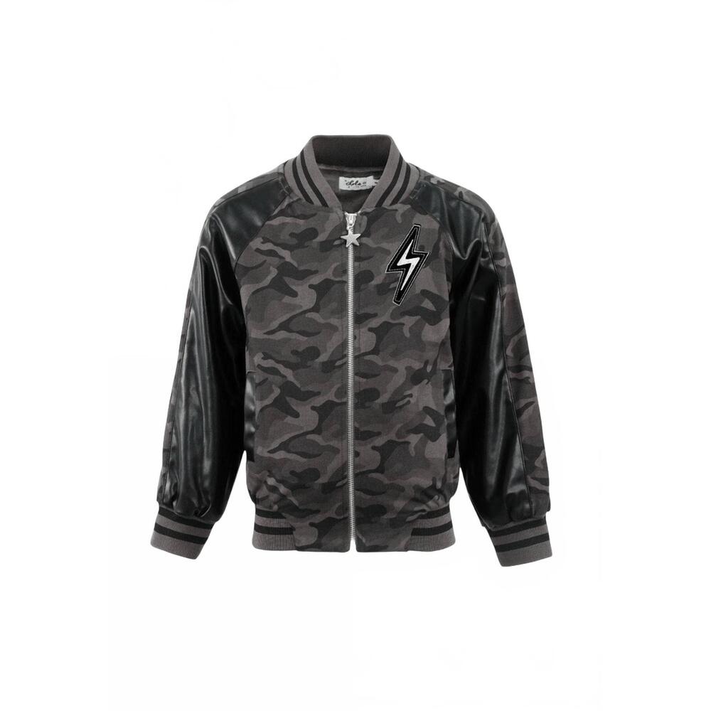 NEW LOLA + THE BOYS kid's camo flash leather bomber in black
